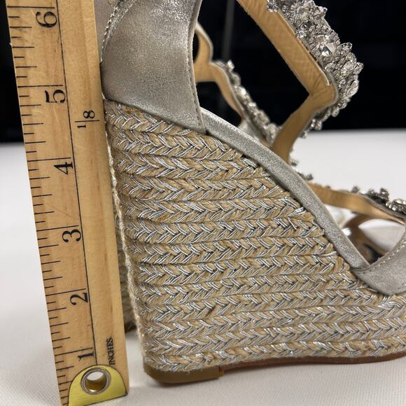 Badgley Mischka Crystal Espadrille Wedge Platform Sandals Silver Leather Size 5 - Picture 14 of 16